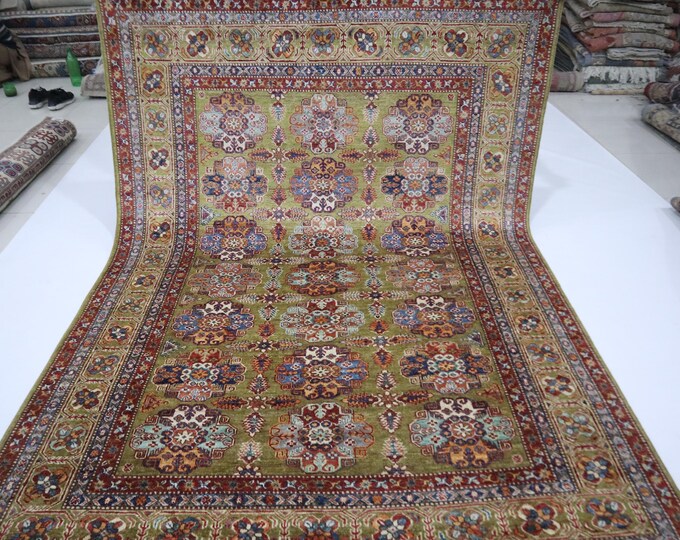 Hand Knotted Green Kazak Rug – 6x9 Afghan Wool Geometric Rug