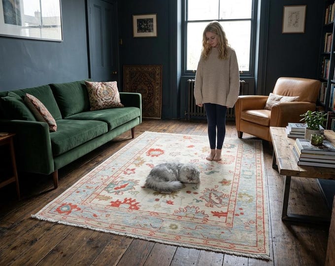 4.1 X 6.2 ft Blue and Beige Floral Handmade ,Oshak Wool