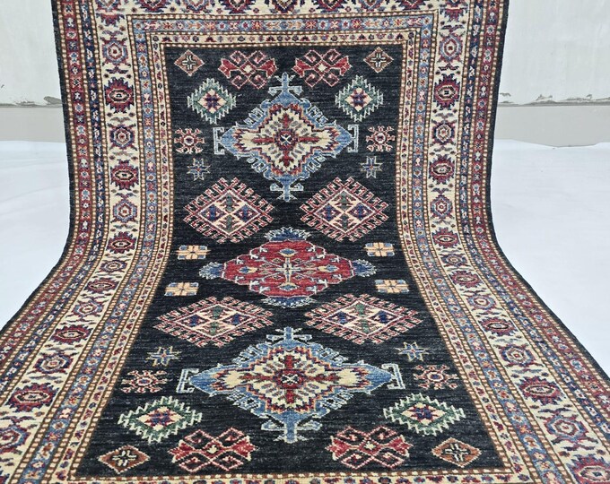3 X 5 ft Handmade Floral Super Kazak Rug, Black and Beige, Cotton and Wool