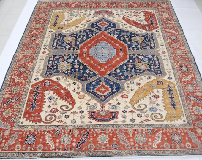 8x10 Ft Heriz Wool Area Rug – Red, Blue Afghan, Geometric Handmade