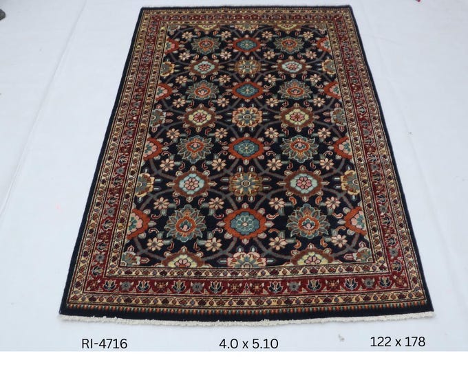 Hand-knotted Super Kazak Cotton and Wool Rug, Geomatrical in Blue base and Red border, 4.0 X 5.10 ft