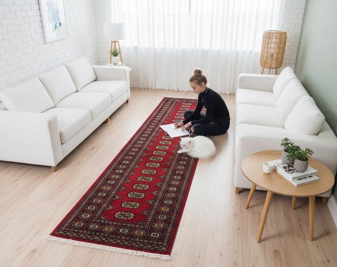 2.7 X 10.1 ft Red Geomatrical Runner Handmade, Mori Bokhara Cotton and Wool