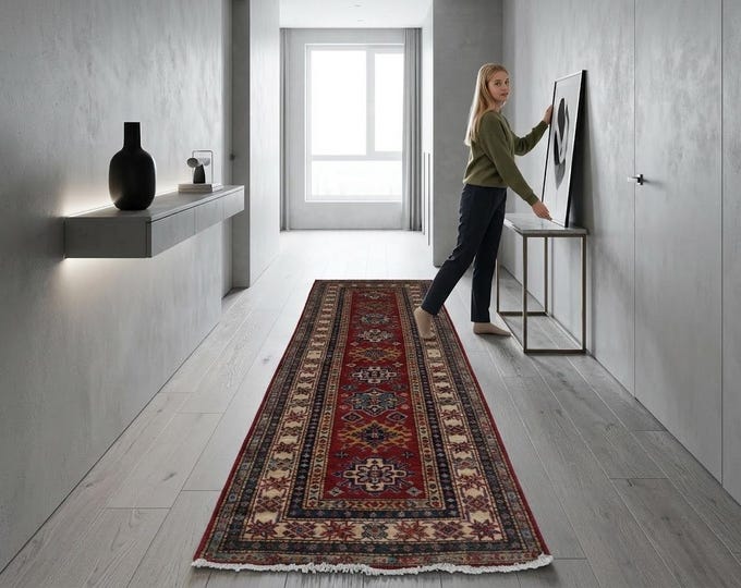 2 X 7 ft Red and Beige Geomatrical Handmade Runner, Super Kazak Cotton and Wool