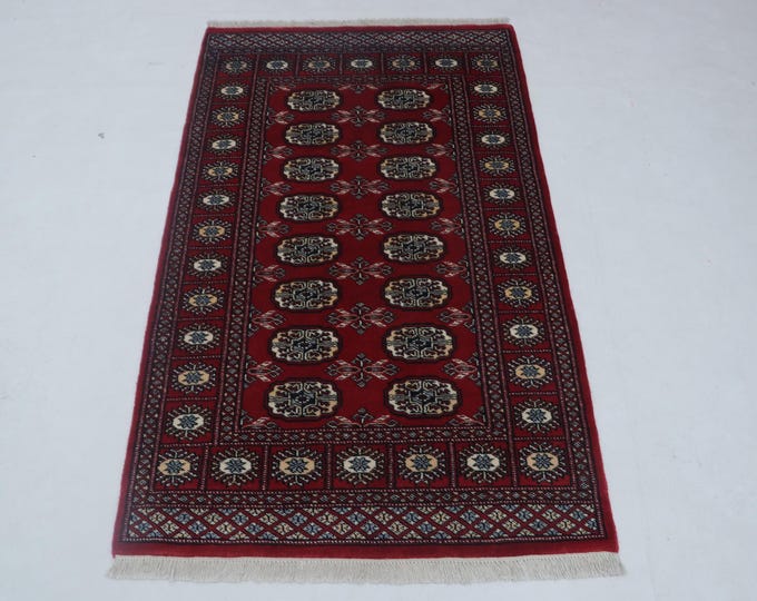 3.0 X 4.11 ft Red Geomatrical Handmade ,Mori Bokhara Cotton and Wool