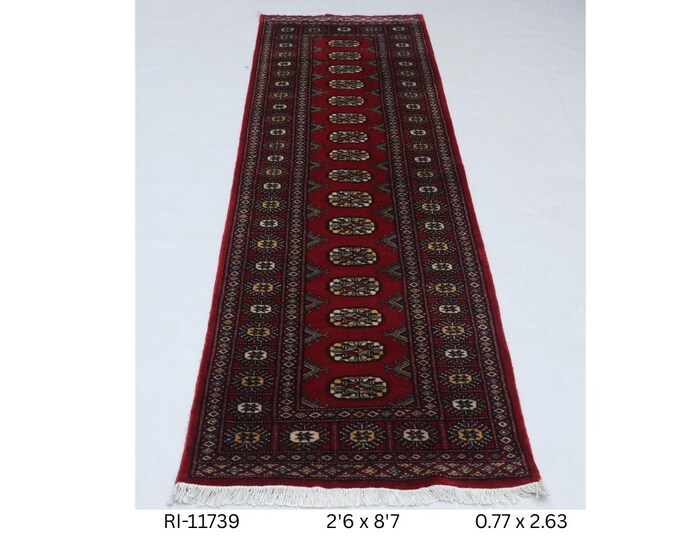 Hand-knotted Mohri Bokhara Cotton and Wool Rug, Geomatrical in Red base and Red border, 2.7 x 8.7 ft