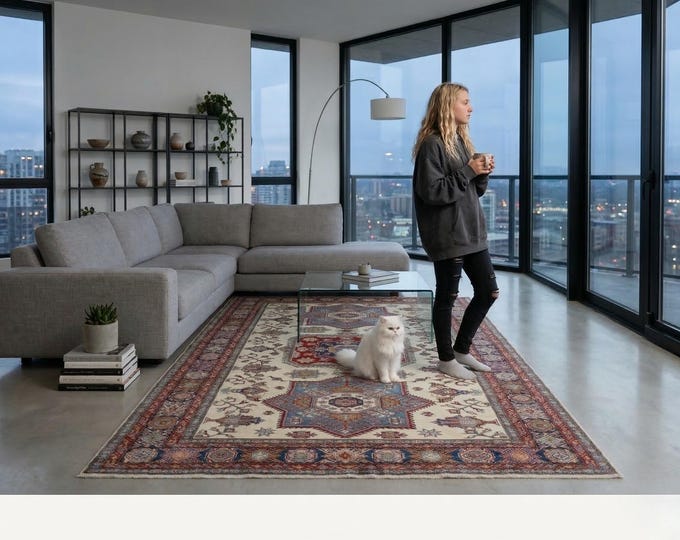 6.7 X 9.4 ft Beige and Blue Geomatrical Handmade , Super Kazak Cotton and Wool