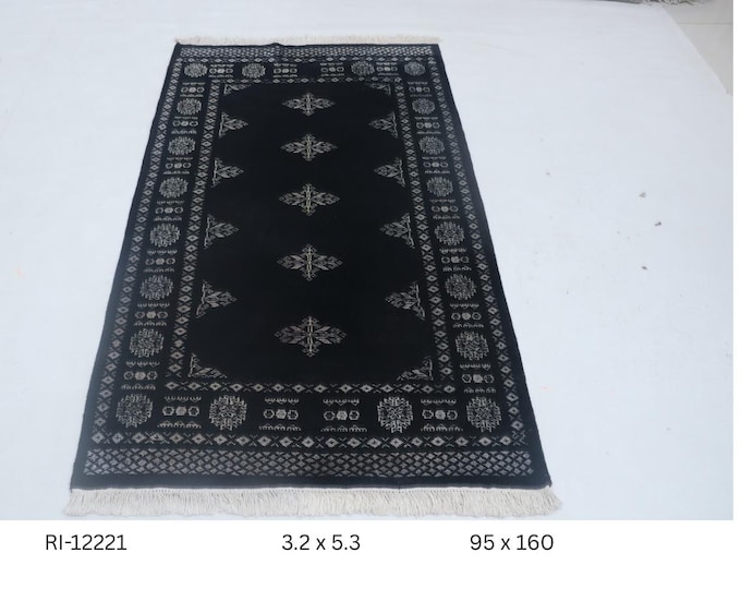 Hand-knotted Mohri Bokhara Cotton and Wool Rug, Geomatrical in Black base and Black border, 3.2 x 5.3 ft