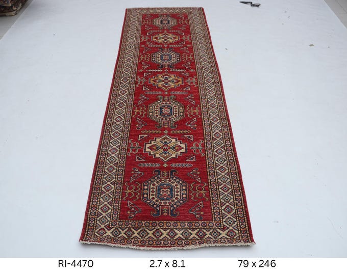 Hand-knotted Super Kazak Cotton and Wool Rug, Geomatrical in Red base and Beige border, 2.7 x 8.1 ft