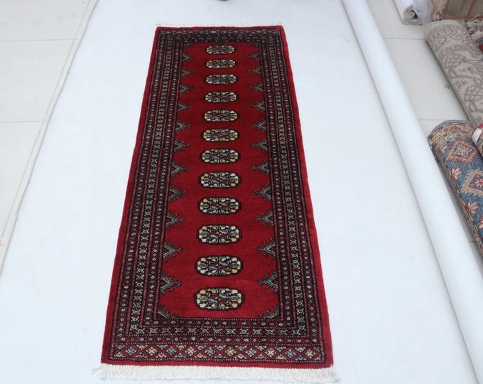2.1 X 5.6 ft Red Geomatrical Runner Handmade, Mori Bokhara Cotton and Wool