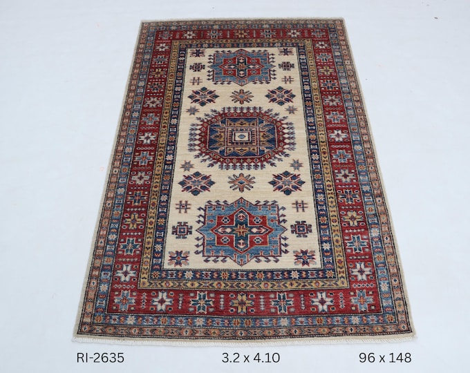 3 X 5 ft Beige and Red Geomatrical Handmade , Super Kazak Cotton and Wool