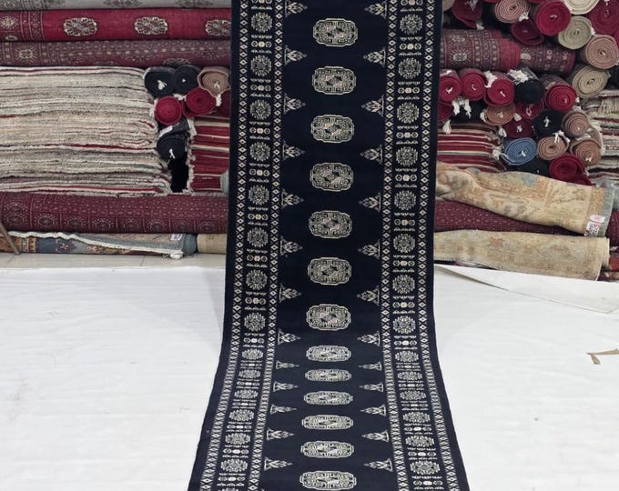 3 X 15 ft Black Geomatrical Handmade Runner, Mori Bokhara Cotton and Wool