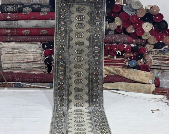 2 X 10 ft Gray Geomatrical Handmade Runner, Mori Bokhara Cotton and Wool