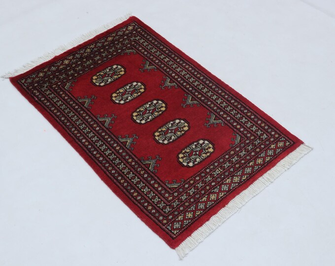 2.0 X 3.0 ft Red Geomatrical Handmade ,Mori Bokhara Cotton and Wool