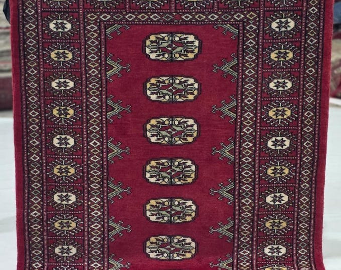 2.5 X 4 ft Red Geometrical Handmade, Mori Bokhara Rug Cotton and Wool