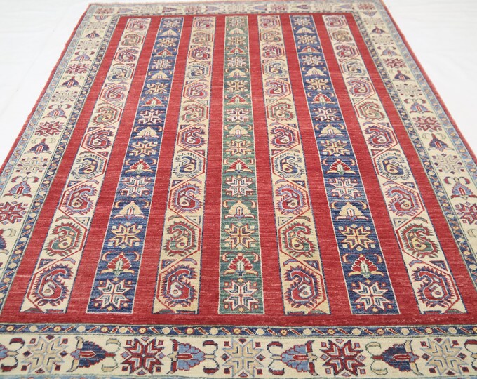 5x7 Turkish Wool Rug – Handwoven Red Shawl Pattern, Oriental Striped Area Rug