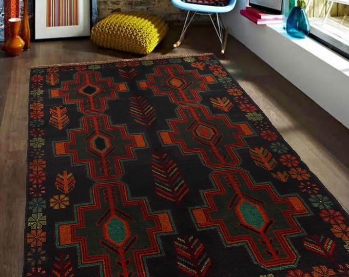 Hand-knotted Baluchi in Blue and Rainbow 3.93 x 6.56 ft