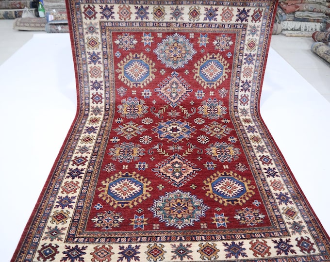 5x7 Red Kazak Rug – Afghan Handmade Wool, Geometric Design