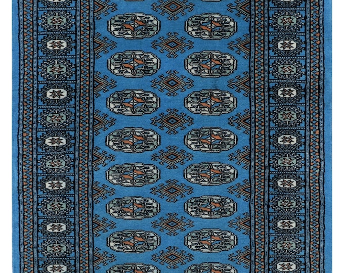 3.1 X 5.1 ft Blue Geomatrical Handmade, Mori Bokhara Cotton and Wool