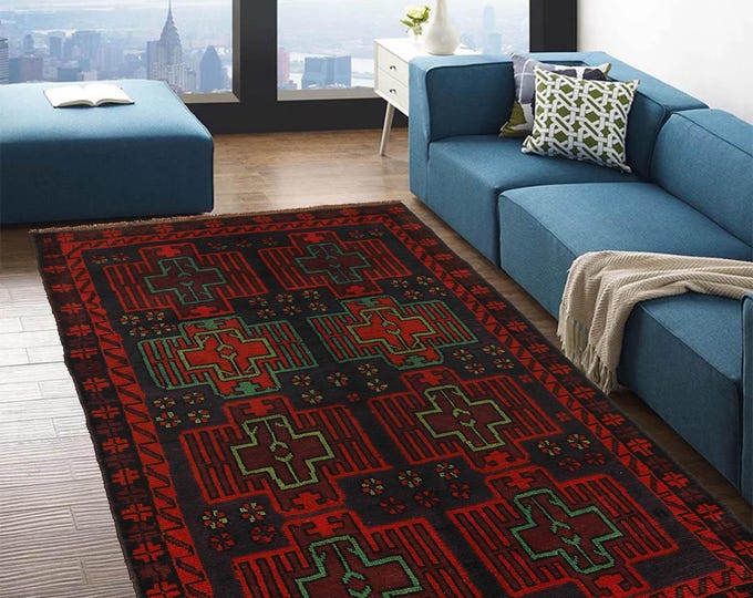 Hand-knotted Baluchi Blue and Orange, 3.93 x 6.56 ft