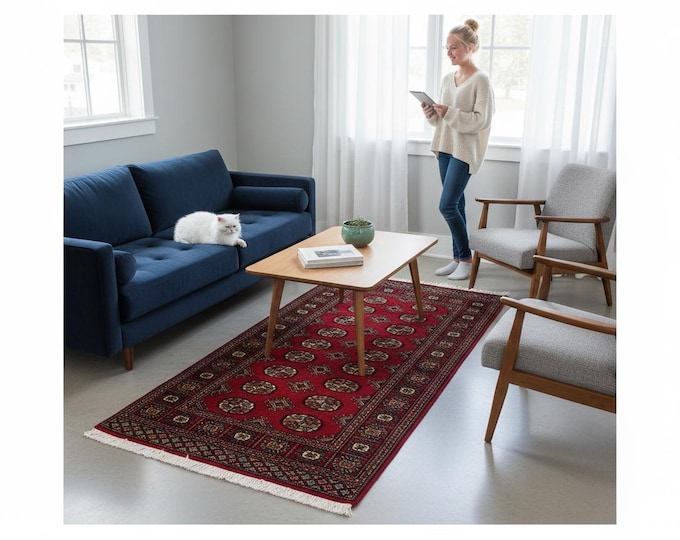 3.1 X 5.6 ft Red Geomatrical Handmade Runner, Mori Bokhara Cotton and Wool