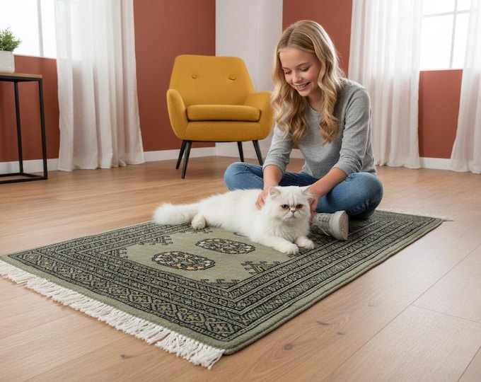 2.1 X 3.1 ft Gray Geomatrical Handmade, Mori Bokhara Cotton and Wool