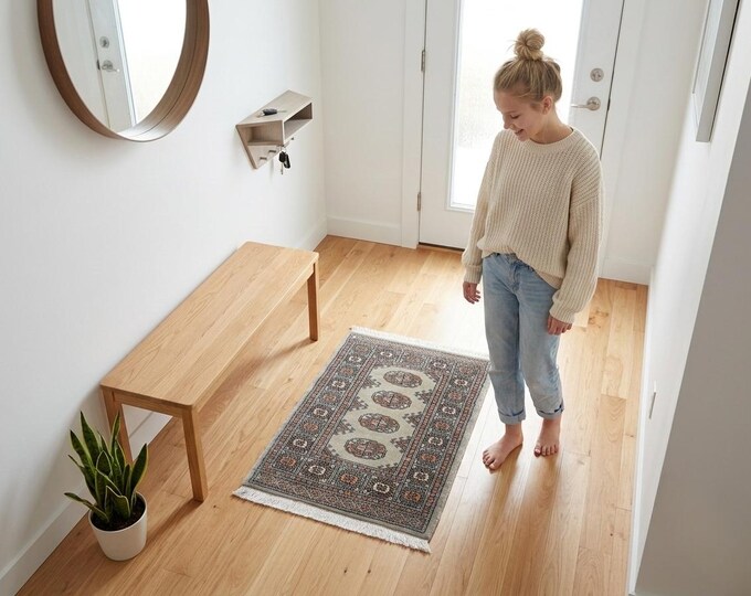 2.2 X 3.0 ft Gray Geomatrical Handmade ,Mori Bokhara Cotton and Wool