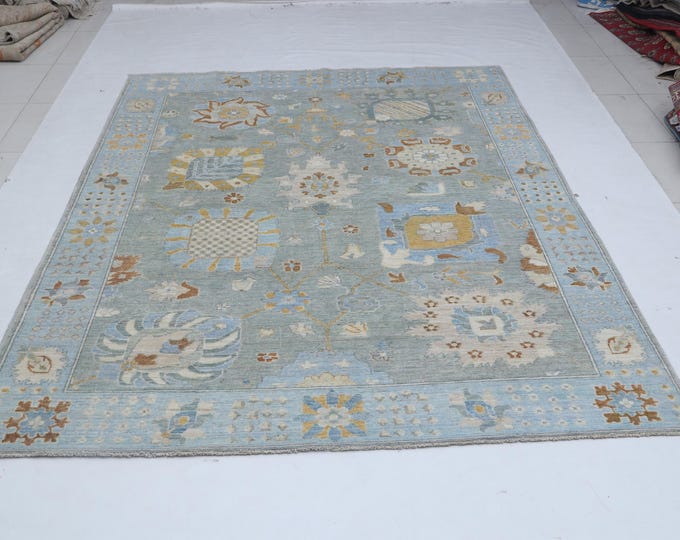 7.10 X 9.11 ft Gray and Blue Floral Handmade ,Oshak Wool