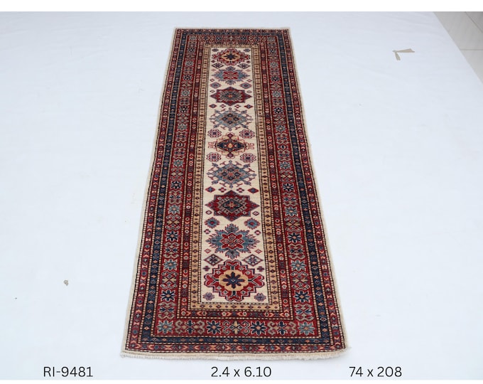 2.4 X 6.10 ft Red and Beige Geomatrical Handmade Runner, Super Kazak Cotton and Wool