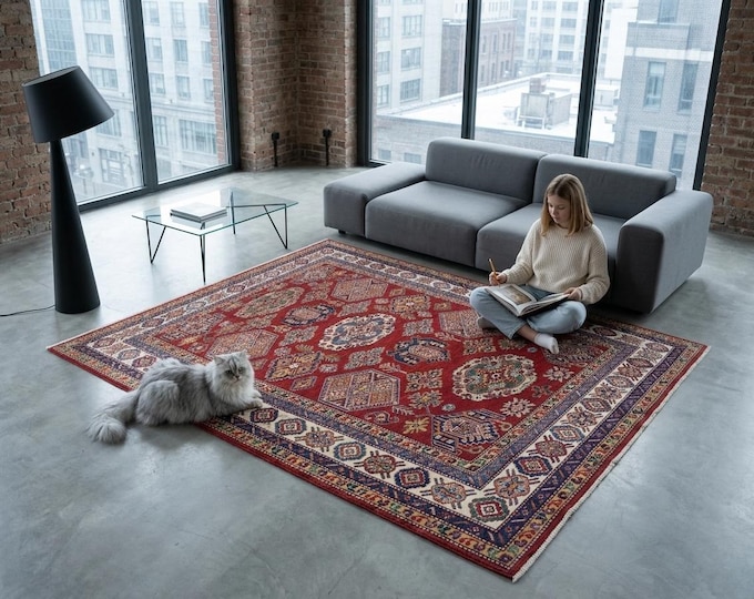 5.2 X 8.1 ft Red and Beige Geomatrical Handmade, Super Kazak Cotton and Wool