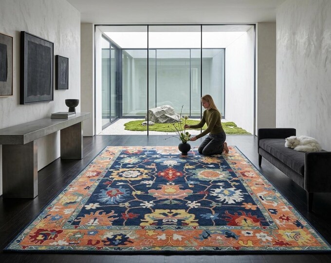 9.2 X 11.8 ft Blue and Copper Floral Handmade ,Oshak Wool