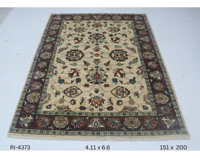 Hand-knotted Super Kazak Cotton and Wool Rug, Geomatrical in Beige base and Brown border, 4.11 X 6.6 ft