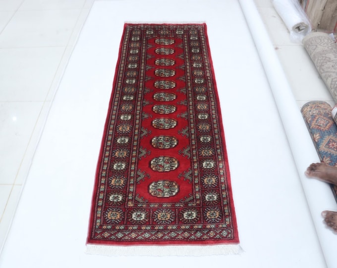 2.1 X 5.10 ft Red Geomatrical Runner Handmade, Mori Bokhara Cotton and Wool