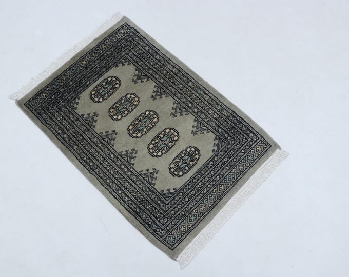 2.1 X 3.0 ft Gray Geomatrical Handmade, Mori Bokhara Cotton and Wool