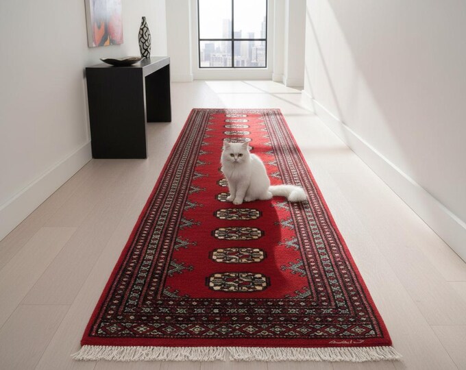 2.0 X 5.8 ft Red Geomatrical Handmade, Mori Bokhara Cotton and Wool