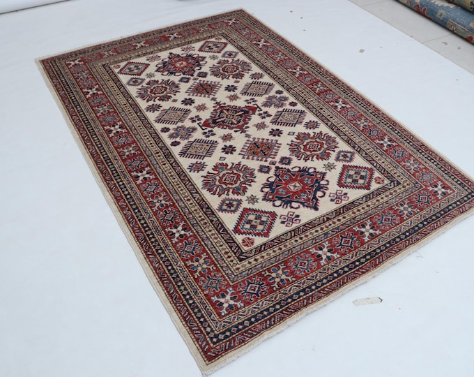5 X 7 ft Red and Beige Geomatrical Handmade, Super Kazak Cotton and Wool