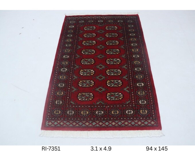 Hand-knotted Mohri Bokhara Cotton and Wool Rug, Geomatrical in Red base and Red border, 2.1 x 3.1 ft