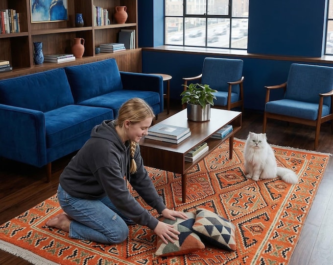 5.5 X 7.9 ft Orange Geomatrical Handmade ,Morocan Cotton and Wool