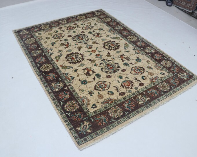 Hand-knotted Super Kazak Cotton and Wool Rug, Geomatrical in Beige base and Brown border, 4.11 X 6.6 ft