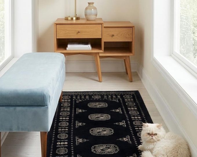 2.8 X 4.3 ft Black Geomatrical Handmade ,Mori Bokhara Cotton and Wool