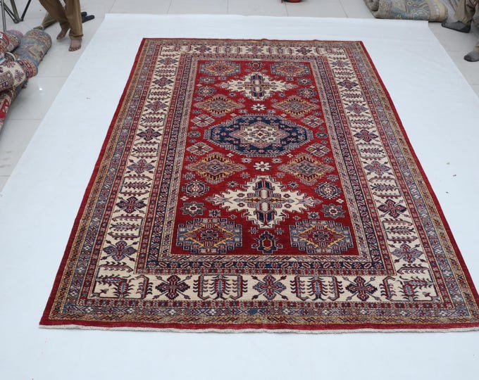 6.6 X 9.5 ft Red and Beige Geomatrical Handmade , Super Kazak Cotton and Wool