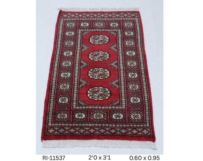 2.0 X 3.1 ft Red Geomatrical Handmade , Mori Bokhara Cotton and Wool