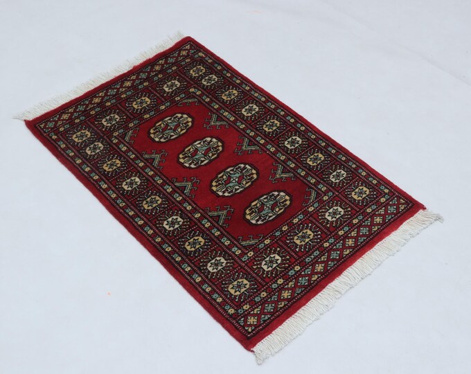 2.1 X 3.0 ft Red Geomatrical Handmade ,Mori Bokhara Cotton and Wool