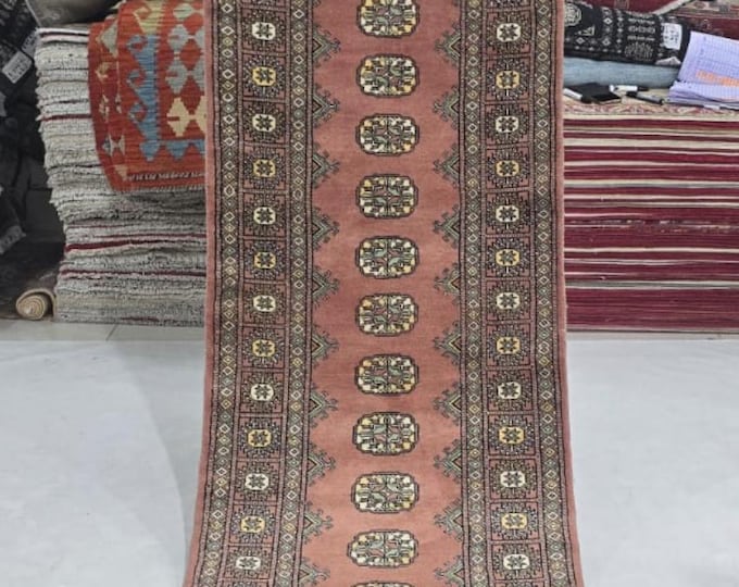 2.5 X 10 ft Copper Geometrical Handmade Runner, Mori Bokhara Cotton and Wool