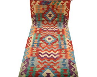 2.5 X 6 ft Runner Handmade Geometrical Killim Rug, Muilty, Wool
