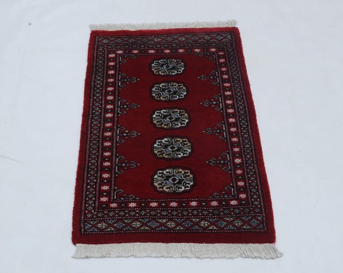 2.1 X 3.2 ft Red Geomatrical Handmade ,Mori Bokhara Cotton and Wool
