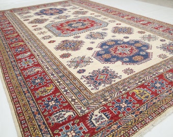7x10 Afghan Kazak Rug – Hand-Knotted Wool, Geometric Design