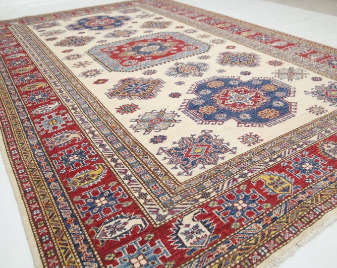 7x10 Afghan Kazak Rug – Hand-Knotted Wool, Geometric Design