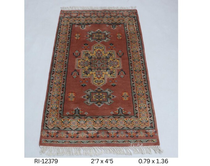 Hand-Knotted Wool Silk Touch Rug, Copper Geometric Design, 2.7 x 4.5 ft