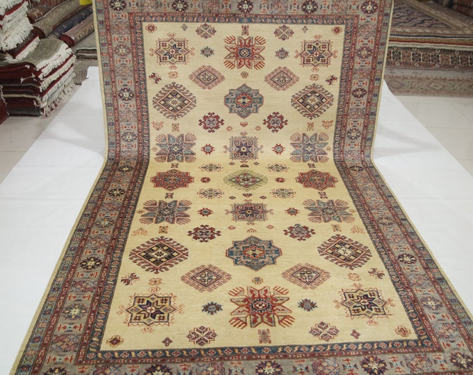 6'3x10 Afghan Kazak Area Rug – Beige Hand Knotted Wool, Geometric Design