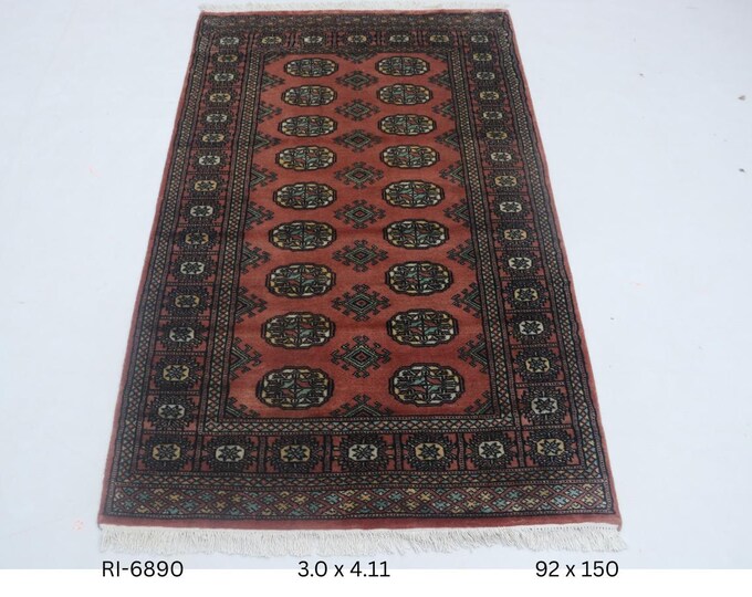 Hand-knotted Mohri Bokhara Cotton and Wool Rug, Geomatrical in Copper base and Copper border, 3.0 x 4.11 ft